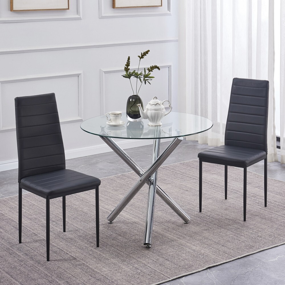 Round Clear Glass Dining Table Silver Legs&2pcs Black Faux Leather Dining Chairs