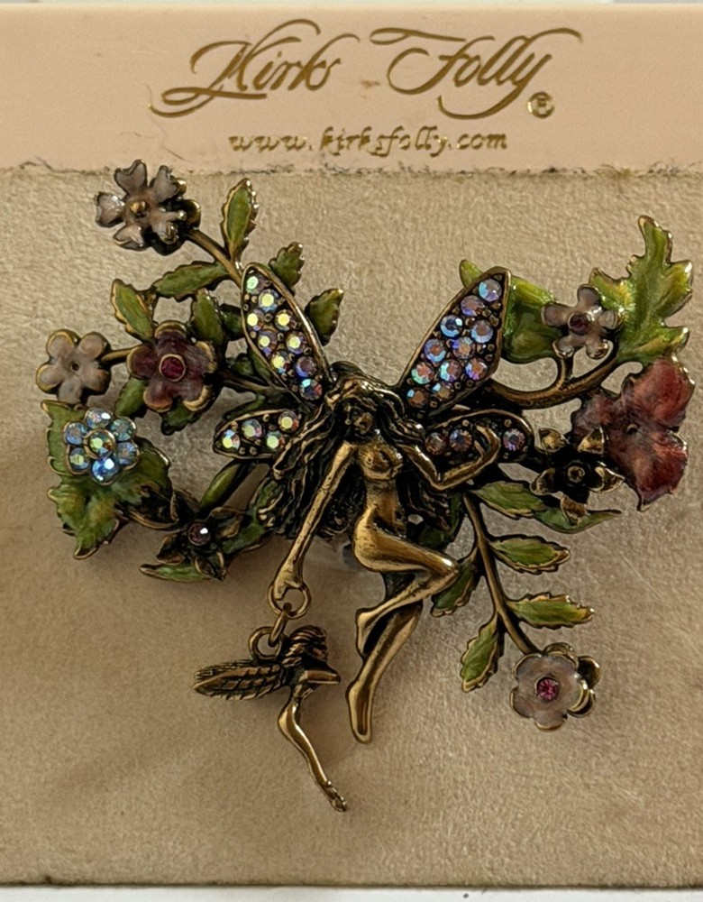 Kirks Folly Butterfly Fairy Pin Brooch Enameled Flowers AB Crystals VTG Signed