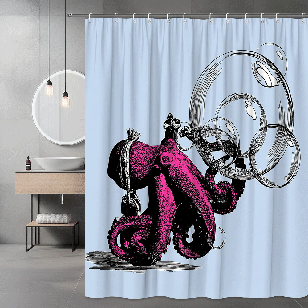Octopus Shower Curtain Pink Black Bubble Graphic