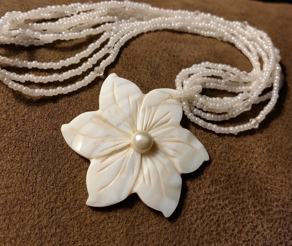 Vintage Carved Shell Flower Faux Pearl Five Strand Beaded Pendant Necklace