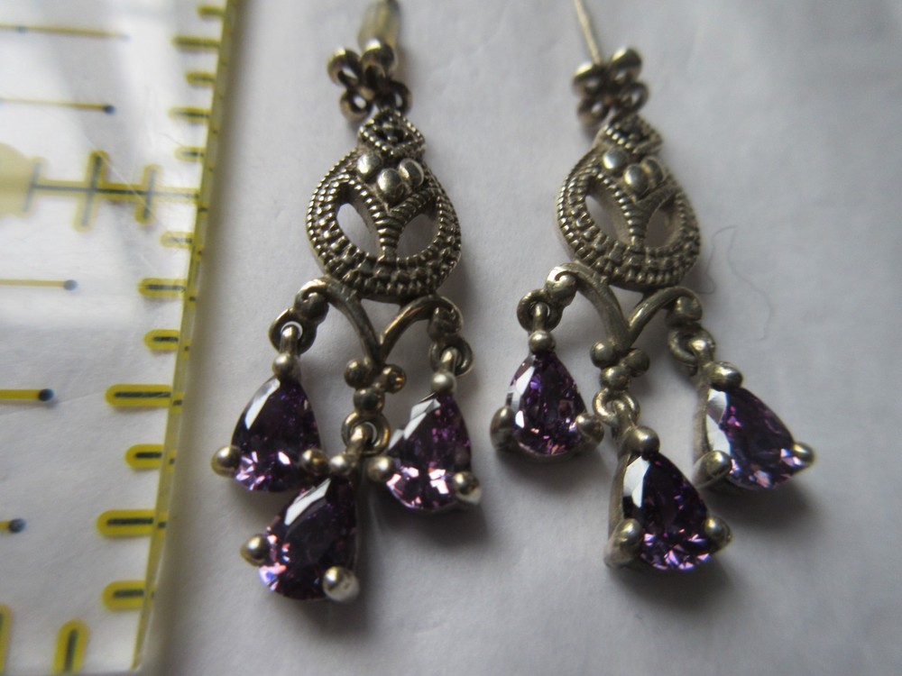 Vintage Sterling Silver AMETHYST DROPS EARRINGS Dangle Pierced Posts