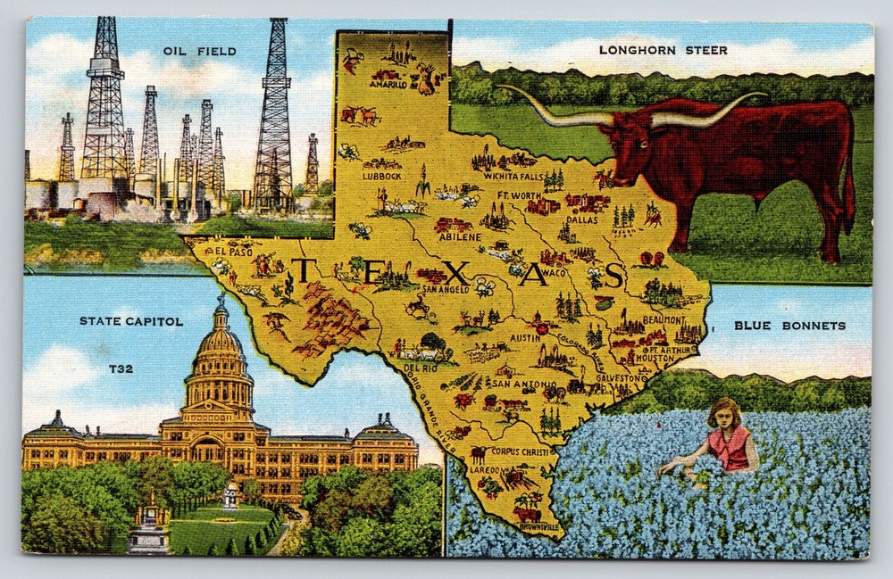 Texas State Map~Oil Field~Longhorn Steer~Capitol~Lubbock~Dallas~Linen Postcard