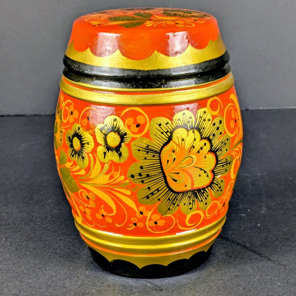 Vintage Russian Lacquer Box Hand Painted Khokhloma Folk Art Wooden Jar