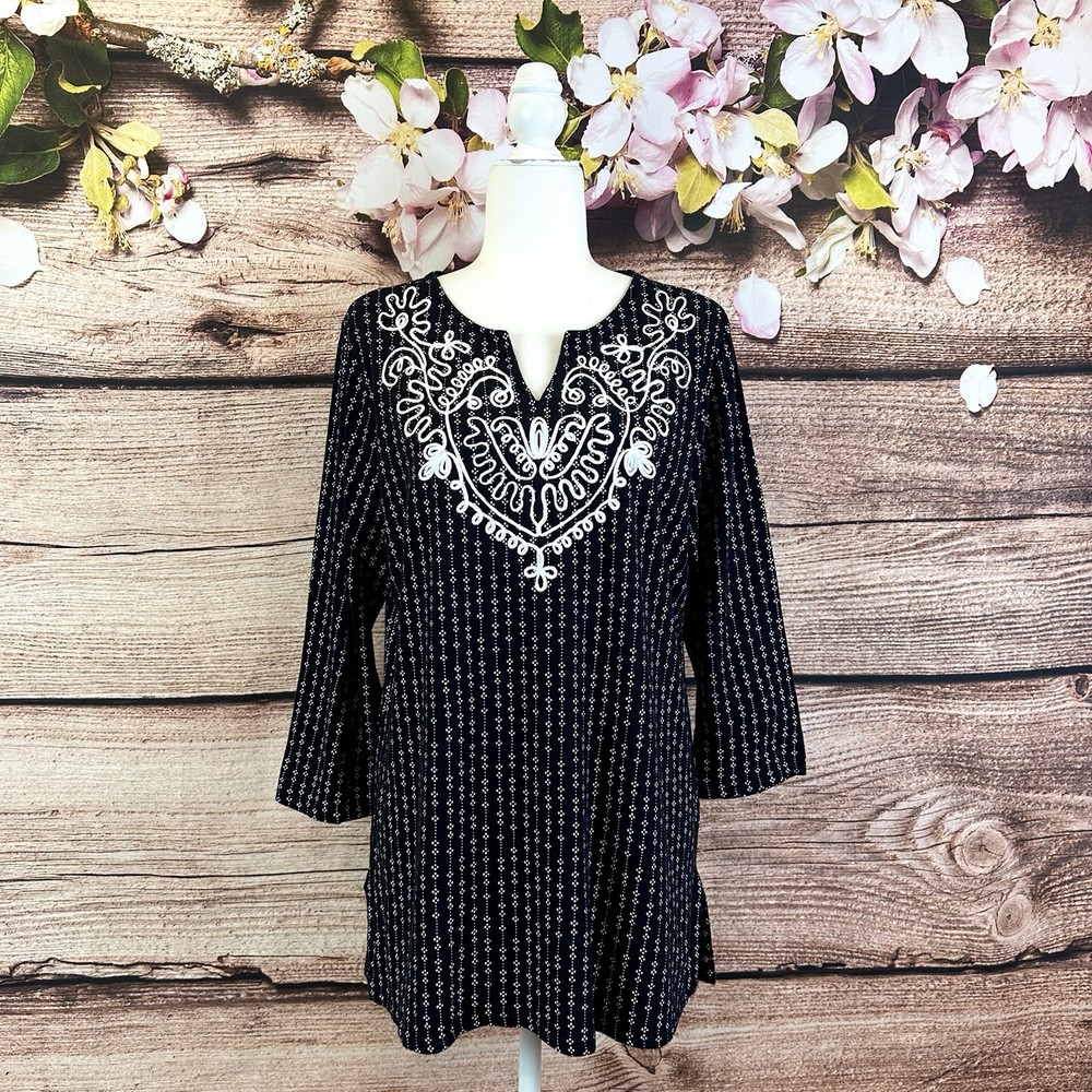 Croft & Barrow Women’s Cotton Black White Boho Embroidered Elegant Blouse