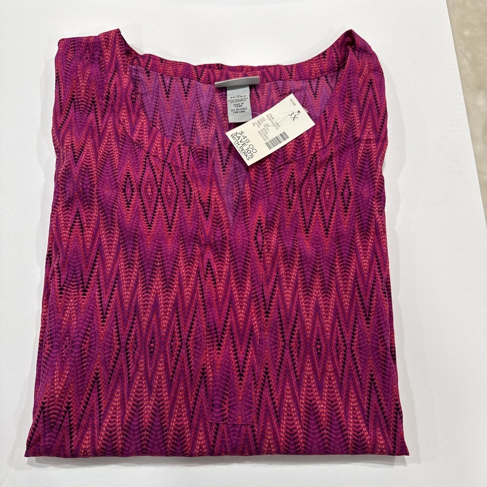 CATHERINES Shirt Pink Pattern 3/4 sleeve button front top blouse 3x 26 28 NWT
