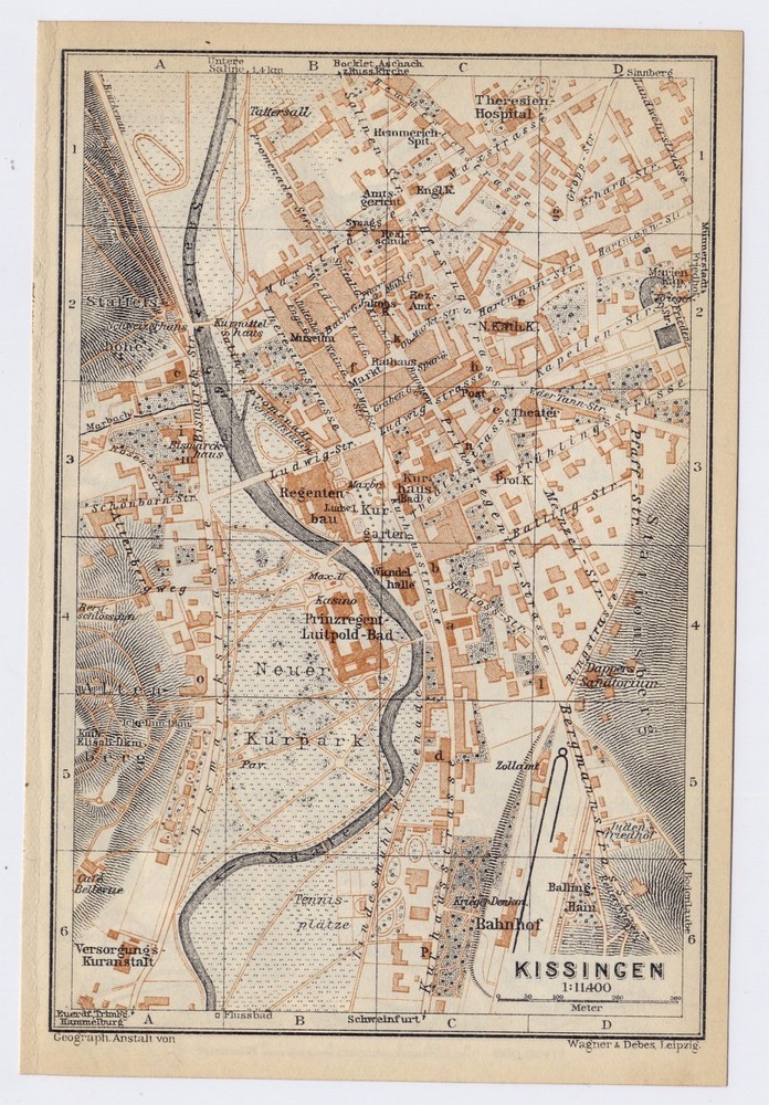 1929 Vintage Map Of Bad Kissingen / Bavaria Germany