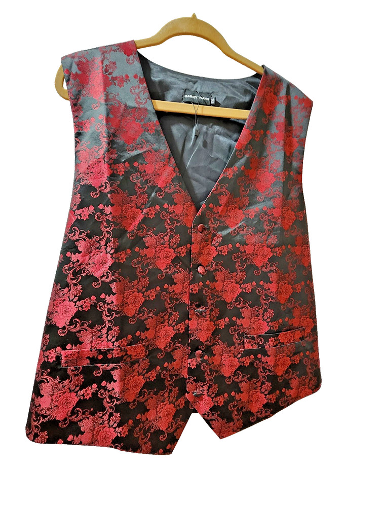 Barry Wang Mens 3XL Black formal suit vest with Red floral design