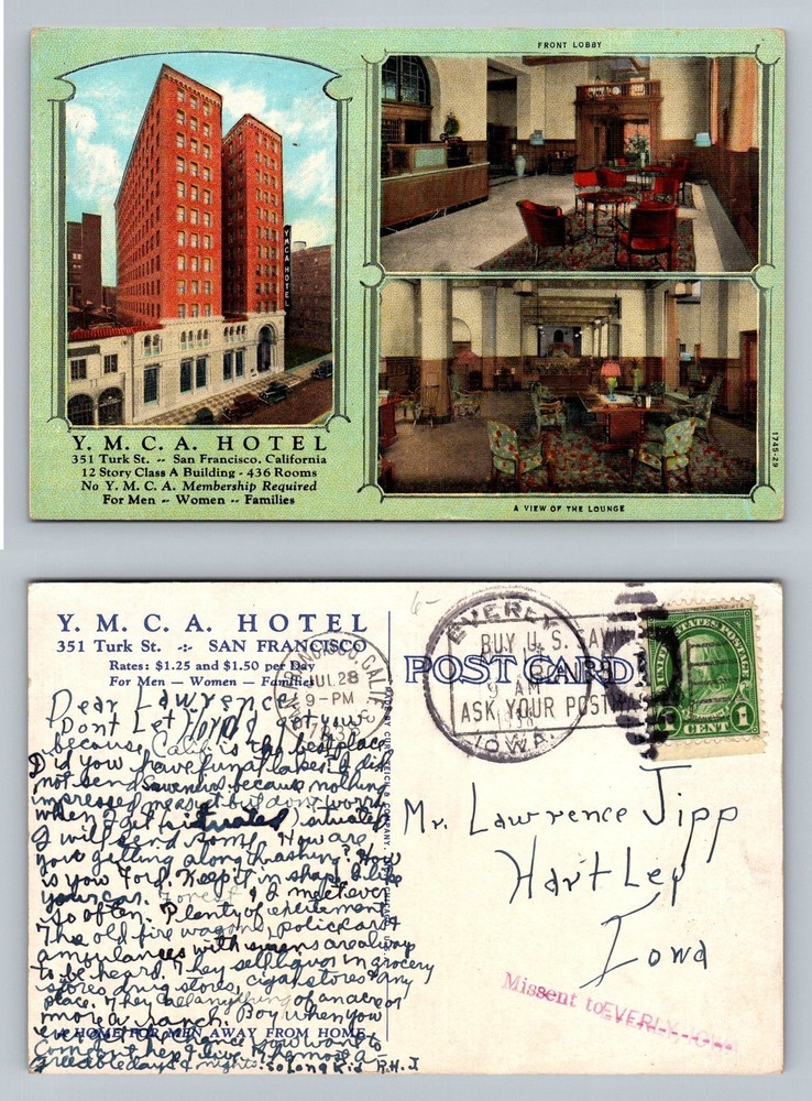 San Francisco, CA-California YMCA Hotel Turk Lobby Lounge Vintage c1938 Postcard