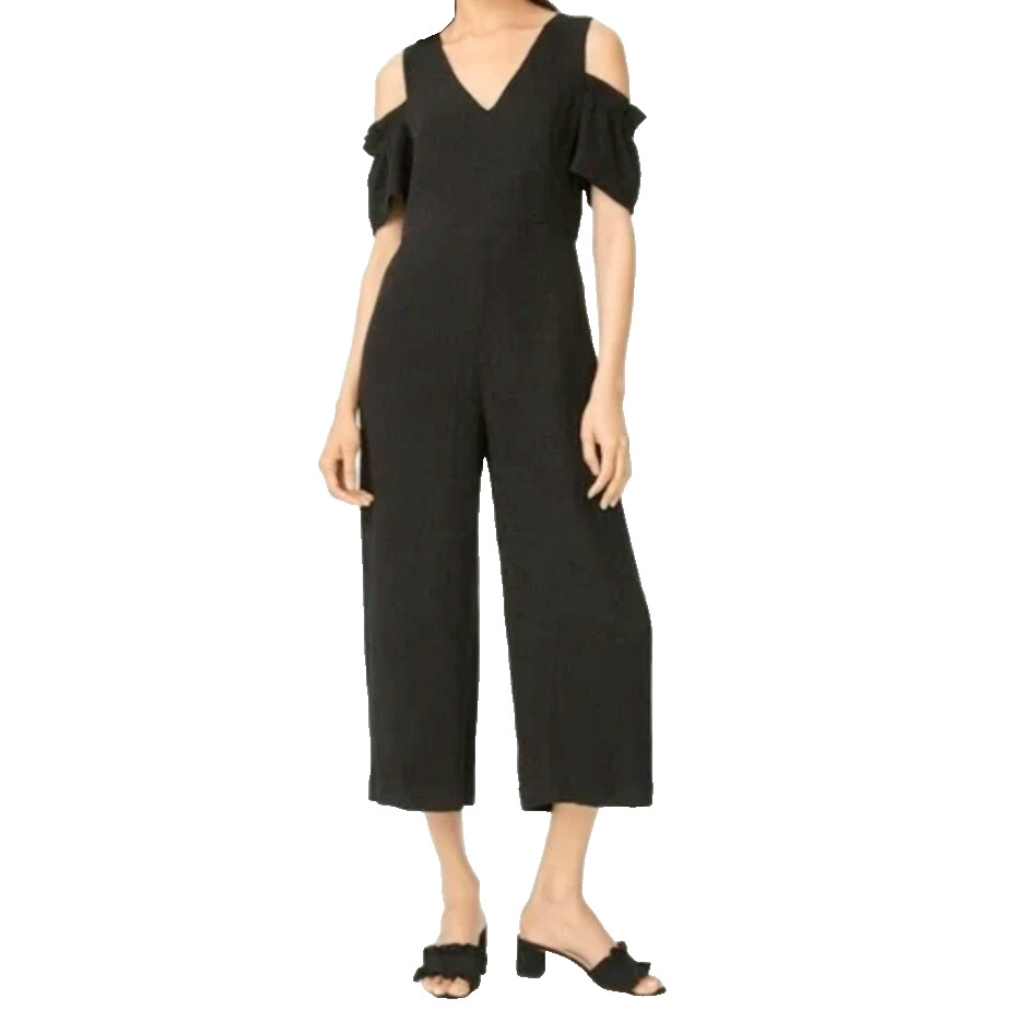 Club Monaco Size S 2/4 Sabellah Jumpsuit Black Ribbed Wide Leg Cold Shoulder