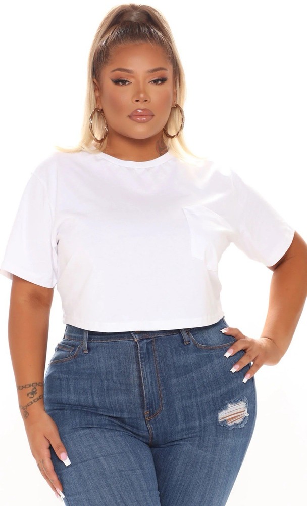 Fashion Nova Women’s White Crop Top Crew Neck Short Sleeve Pocket Tee Size: 3XL