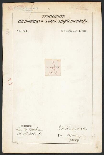 Photo:G W Hallett Co Trademark Tools Implements 1872 Registration Document