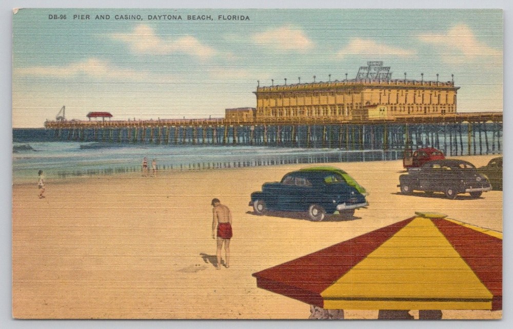 Daytona Beach Pier & Casino FL Linen Postcard 1940s Vintage Cars Beach