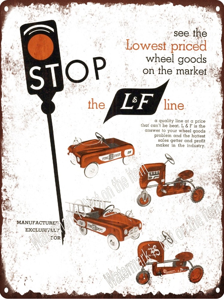 1955 Levy & Fryer L&F Pedal Car Farm Tractor Fire Chief Metal Sign 9x12