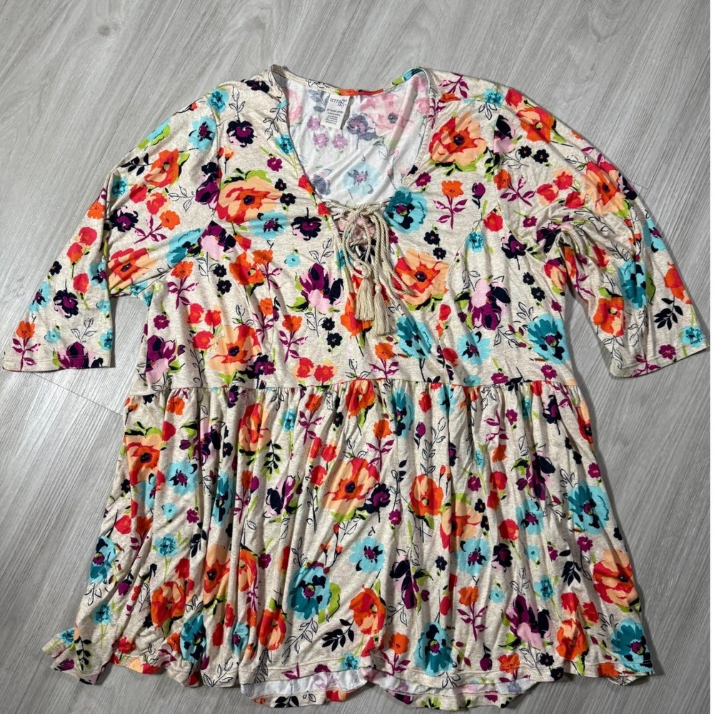 Terra Sky Womens 3X Floral Babydoll Tunic Top 3/4 Sleeve Lace Up Tassel Multi
