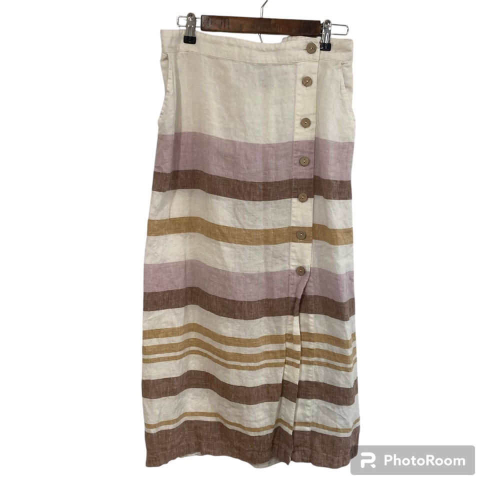 Rachel Zoe 100% Linen Skirt Women's Size L Striped Midi Buttons Pockets