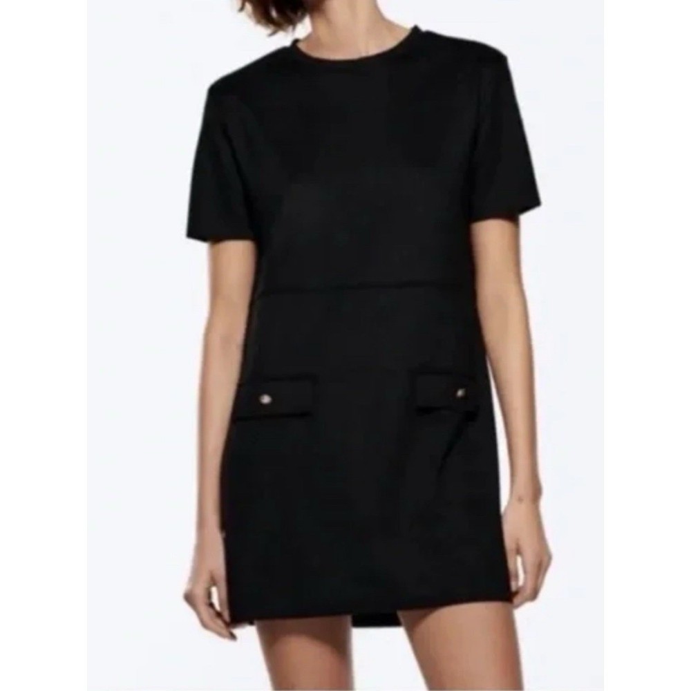 ZARA Faux Suede Black Short Sleeve T-Shirt Mini Dress Womens L Capsule