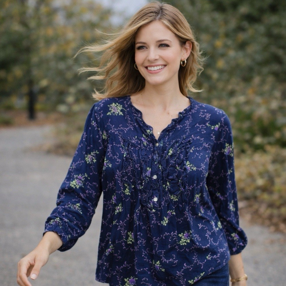 VTG April Cornell Floral Blouse Size Small Blue Purple Dark Cottagecore Whimsy