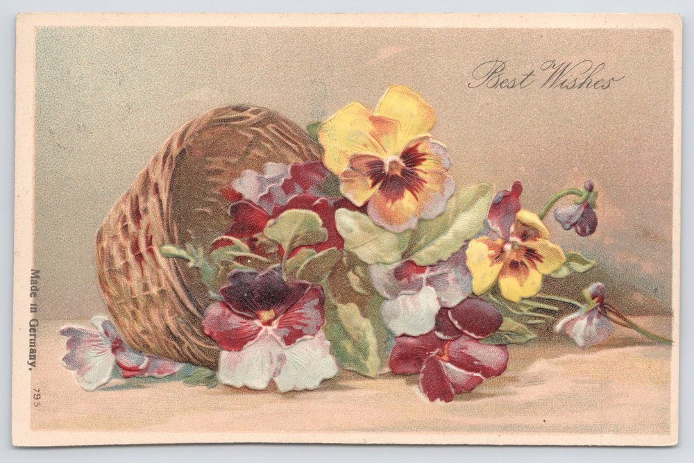 Greetings~Overturned Pansie Basket Best Wishes~Vintage Postcard