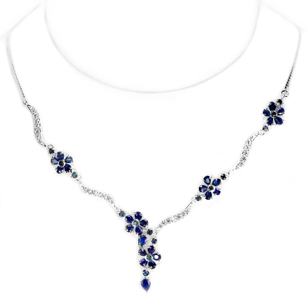 Genuine Blue Sapphire & White Cz Sterling 925 Silver Flower Necklace 19.75 Inch.