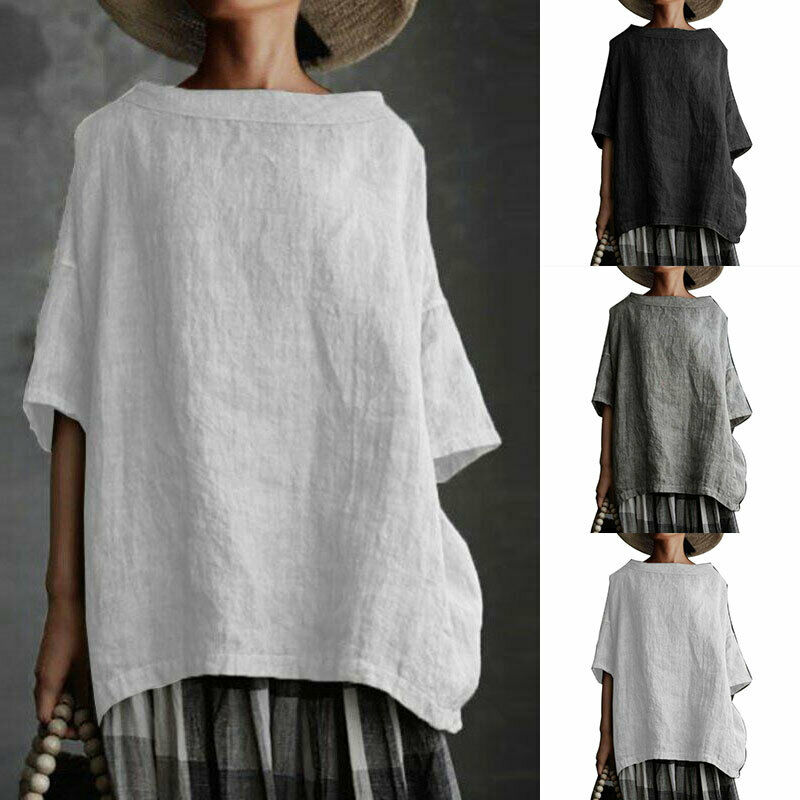 Women's Short Sleeve Kaftan Blouse T-shirts Linen Loose Tunic Tops Tee Plus Size