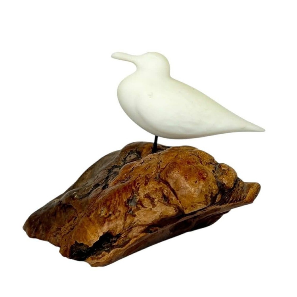 Vintage John Perry White Bird Sculpture on Driftwood Base Coastal Beach Decor