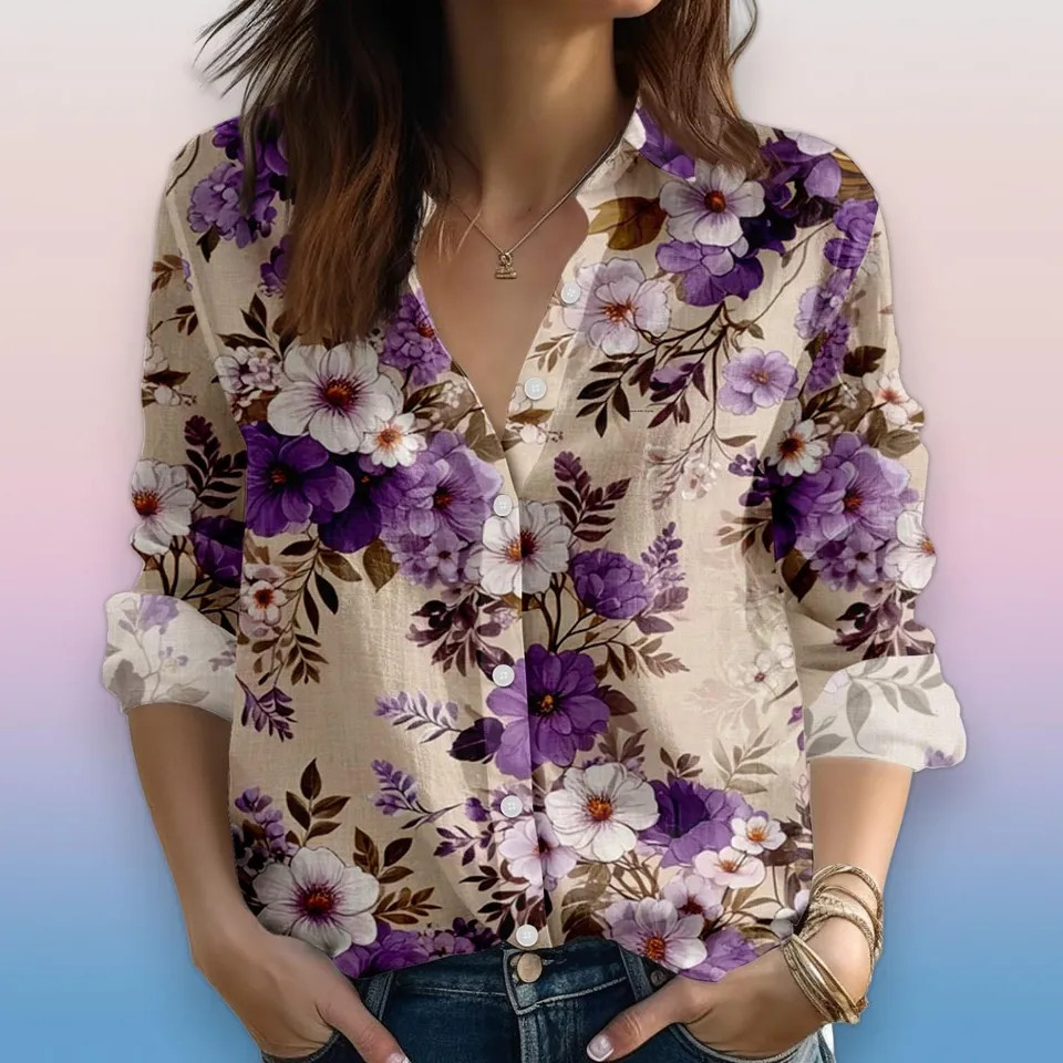 Purple Beige Floral Print Shirt Elegant Spring Top Gift For Mom