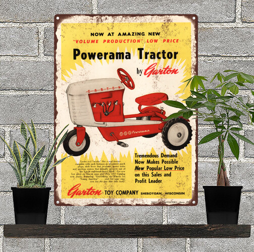 1957 Garton Tractor Pedal Car Ad Advertising Baked Metal Repro Sign 9x12 60177