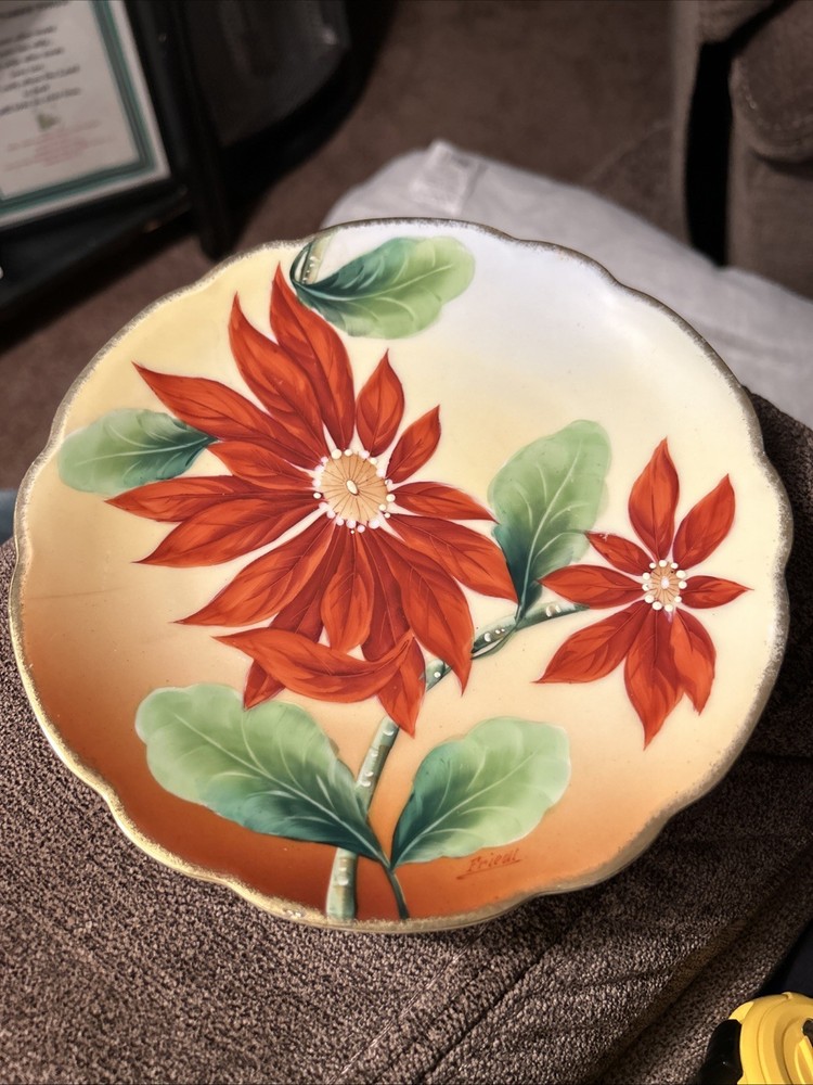 Antique MZ Austria Hand Painted Signed Plate w/ Poinsettias c. 1885