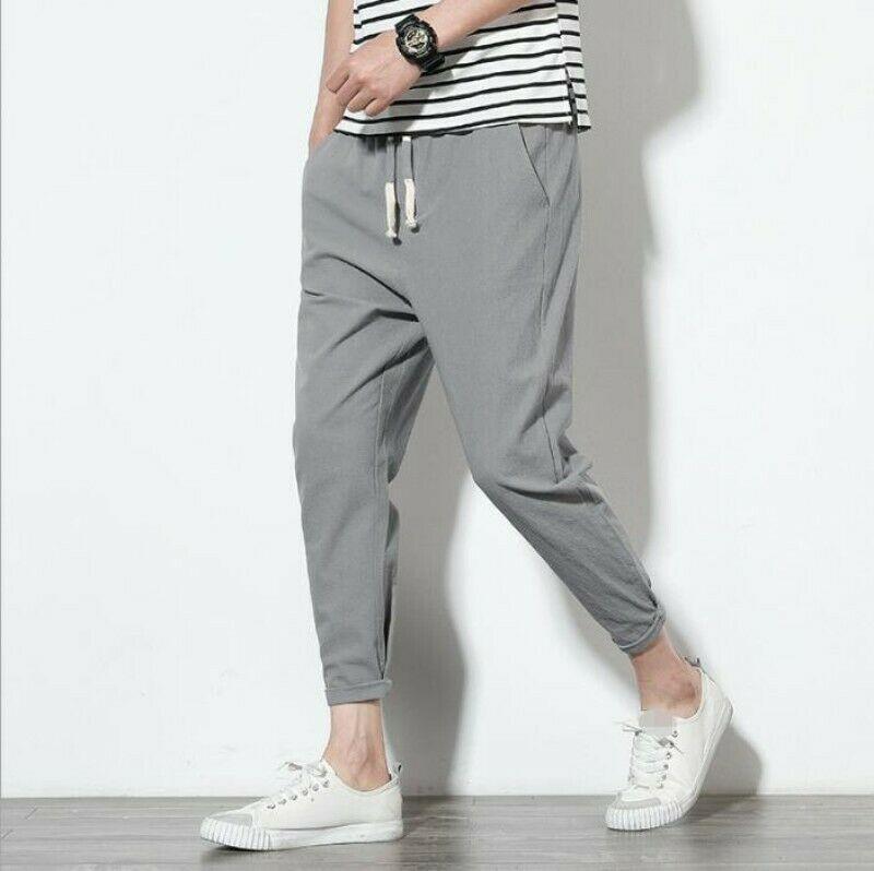 Men’s Cropped Linen Harem Pants with Elastic Waist for Summer Casual Wear