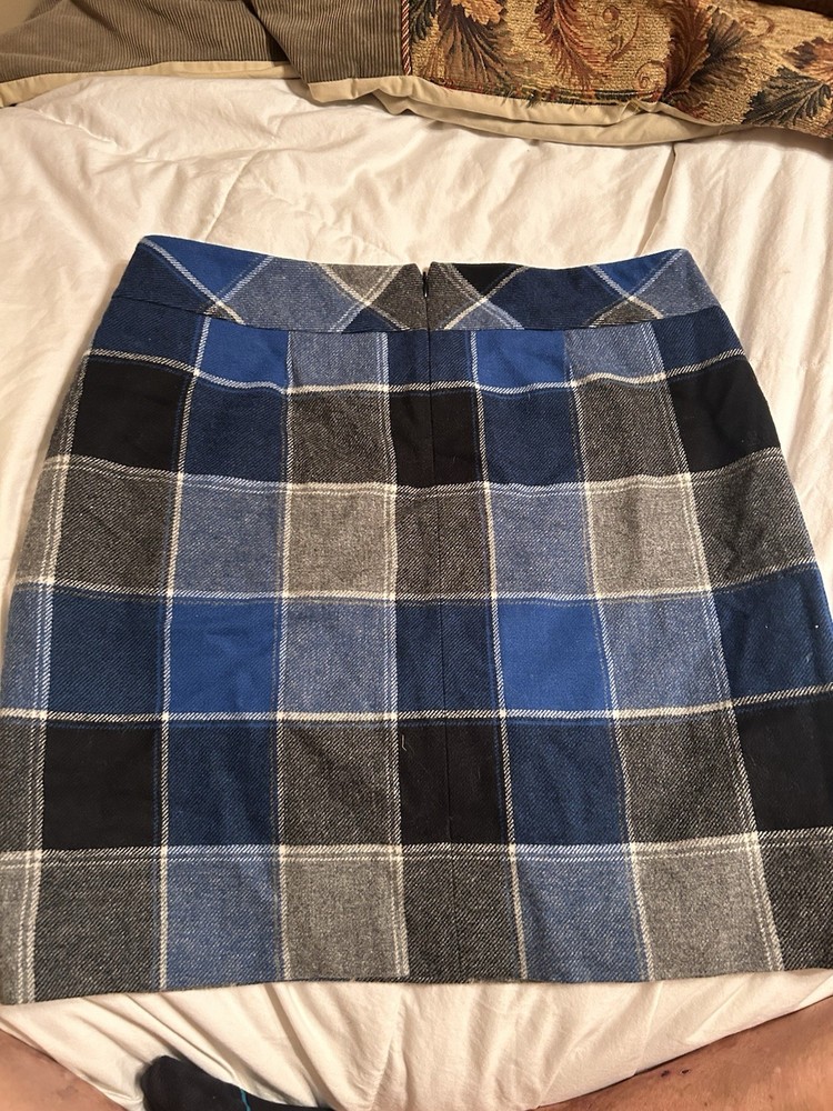 Talbots Women's Blue Gray Black Plaid Wool  Blend Pencil Lined Skirt Sz 14