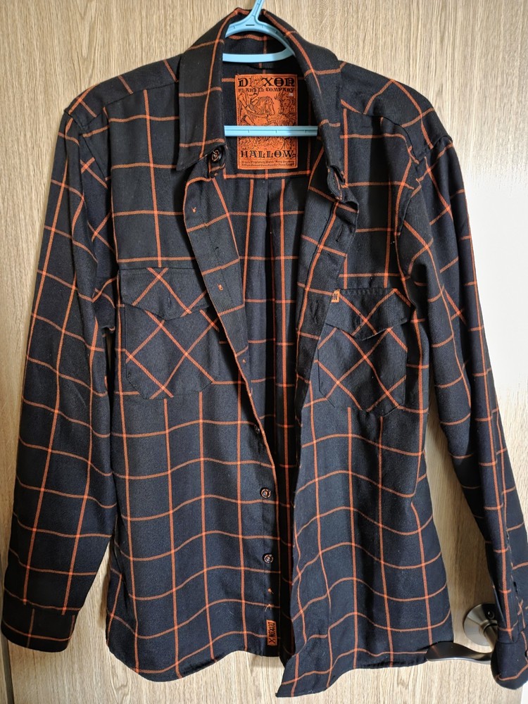Dixxon Hallow Men's M Black/Orange Plaid Flannel Long Sleeve Button-Up