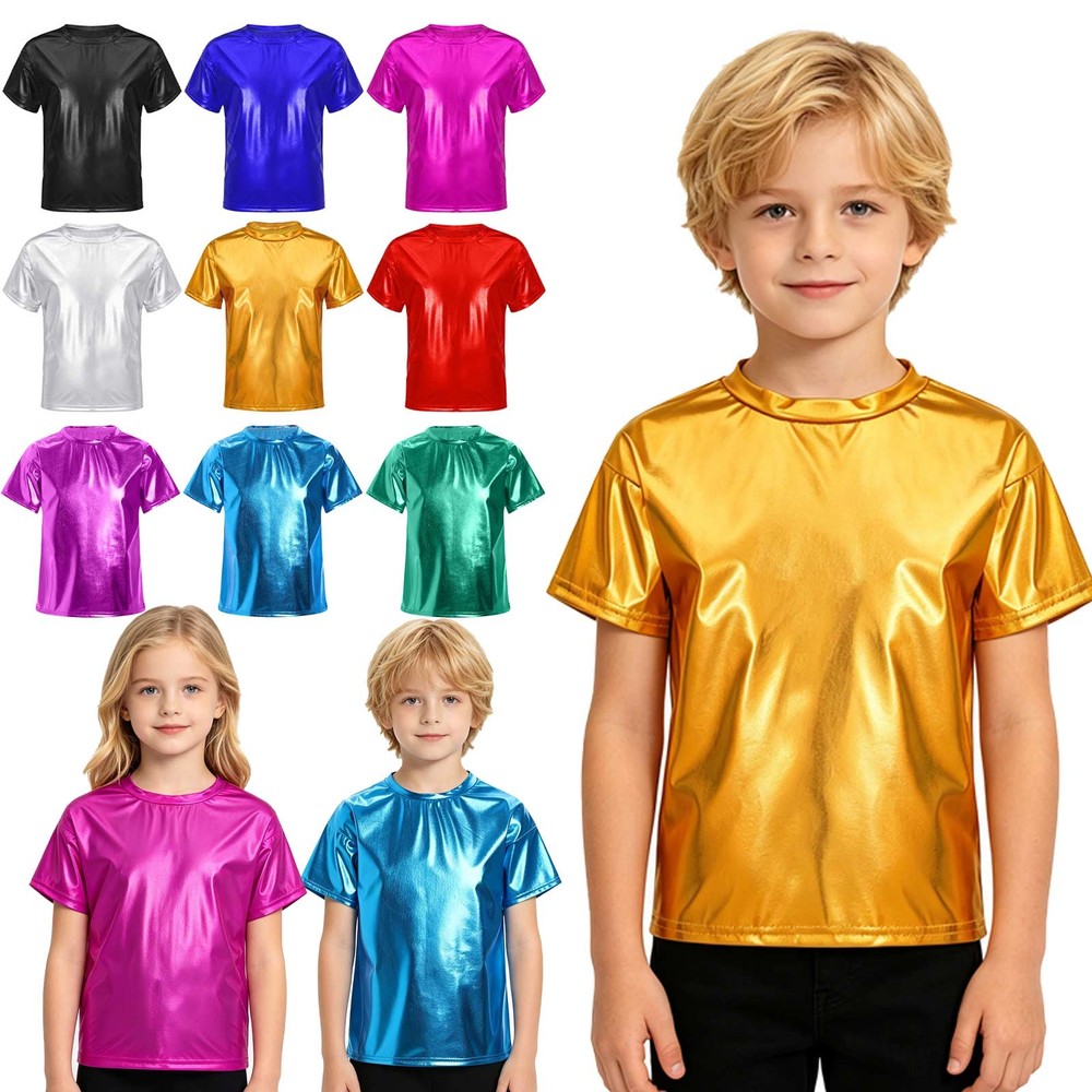 Boys Girls Shiny Metallic Shirt Jazz Hip-hop Street Dance Tops Performance Shirt