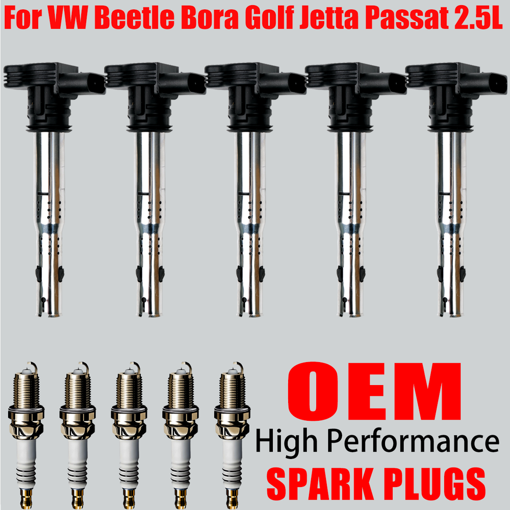 5X OEM Ignition Coil & Iridium Spark Plugs For Beetle Bora Golf Jetta 2.5L UF575
