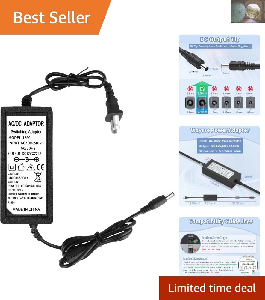 Versatile 12V 5A Plug Adapter with Short Circuit Protection - Black Finish