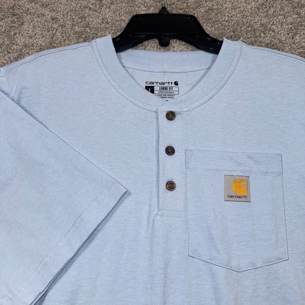 Carhartt Men Loose Fit Light Blue Cotton Henley Pocket T Shirt Size Large NEW