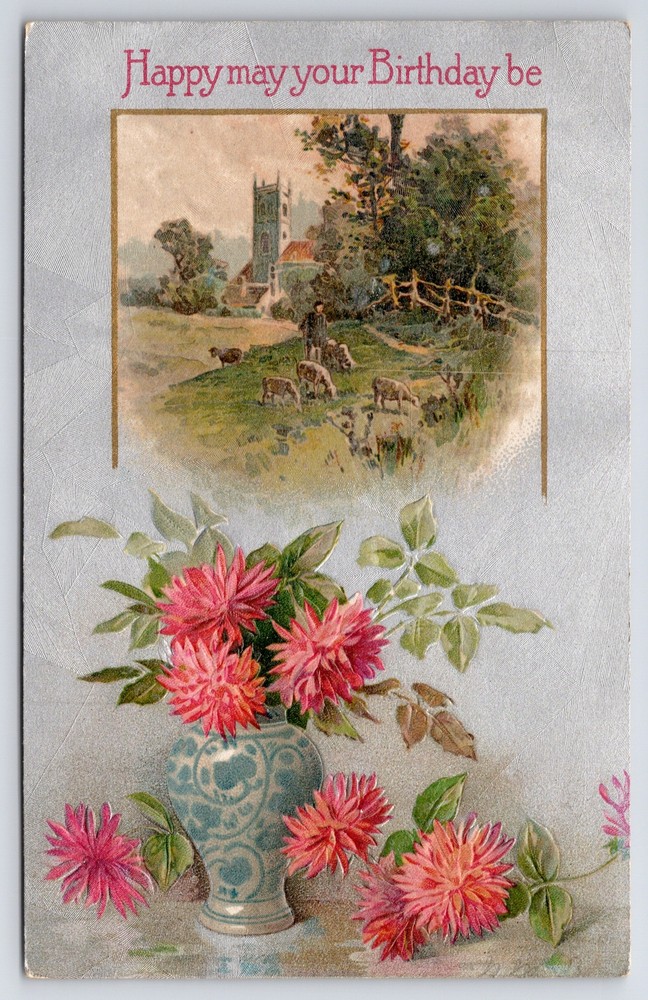 Greetings~Happy Birthday~Shepherd In Field~Pink Flowers~Winsch Vintage Postcard