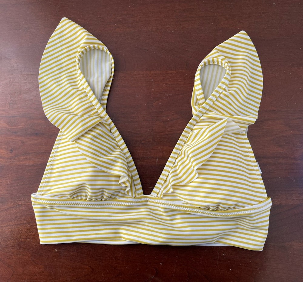 aerie Womens Striped Ruffle Adjustable Strap Padded Triangle Bikini Top Yellow S
