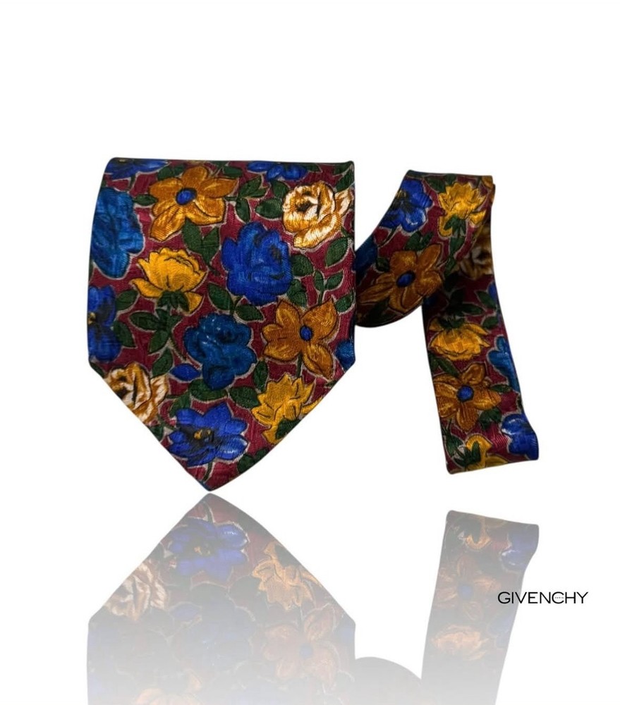 GIVENCHY Paris Vintage Silk Tie Red Blue Yellow Floral Jacquard Men's Necktie