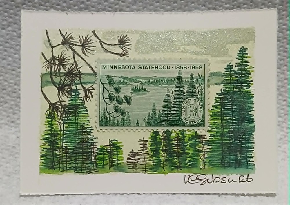 Postal Whimsy OOAK ACEO Minnesota Statehood 3¢ Stamp  Watercolor & Ink Forest