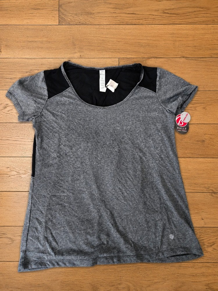 Bally Total Fitness Women's Athletic Top Gray Black Short Sleeve Sz L Open Back