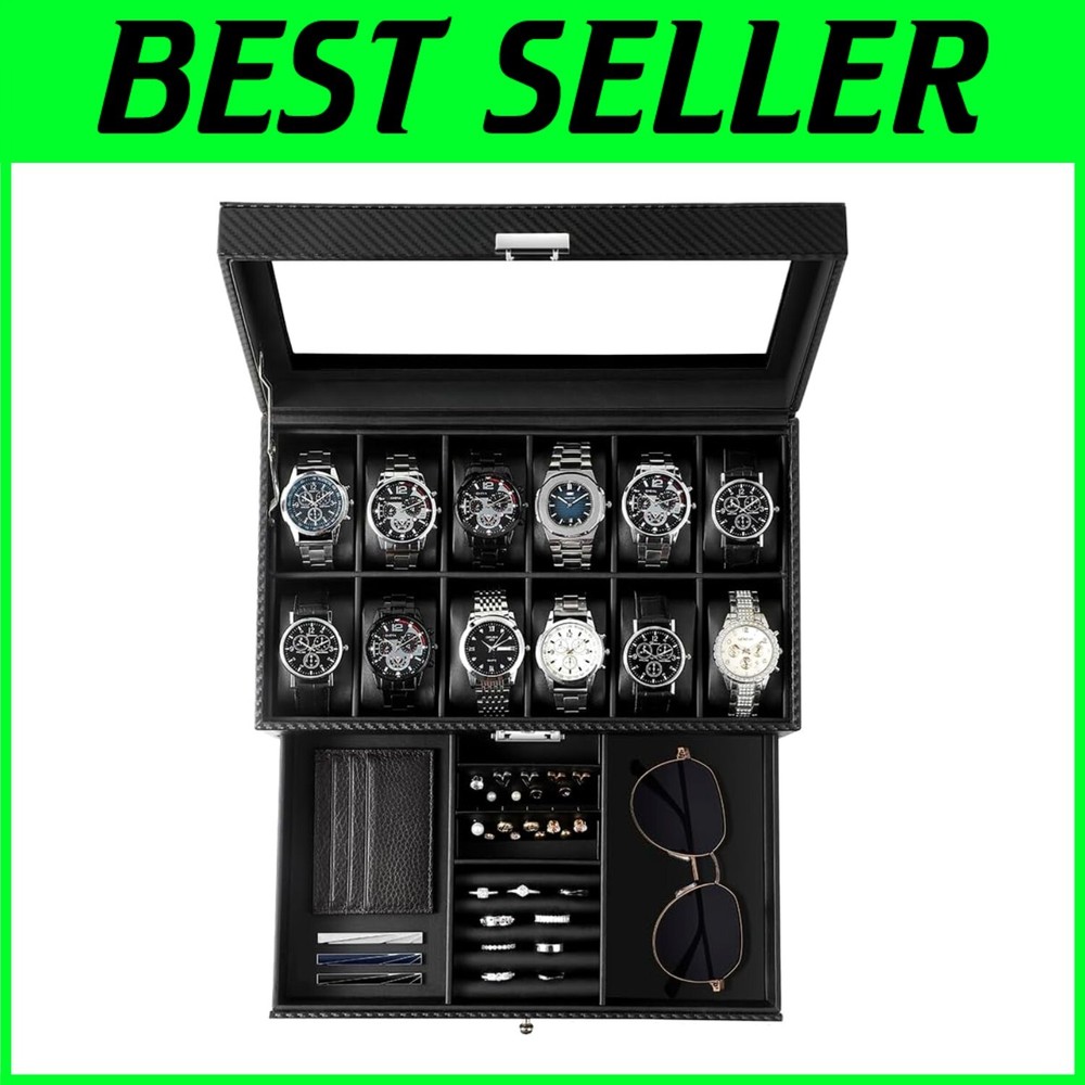 Elegant 12-Slot Watch Box with Glass Lid & Dual-Layer Jewelry Storage