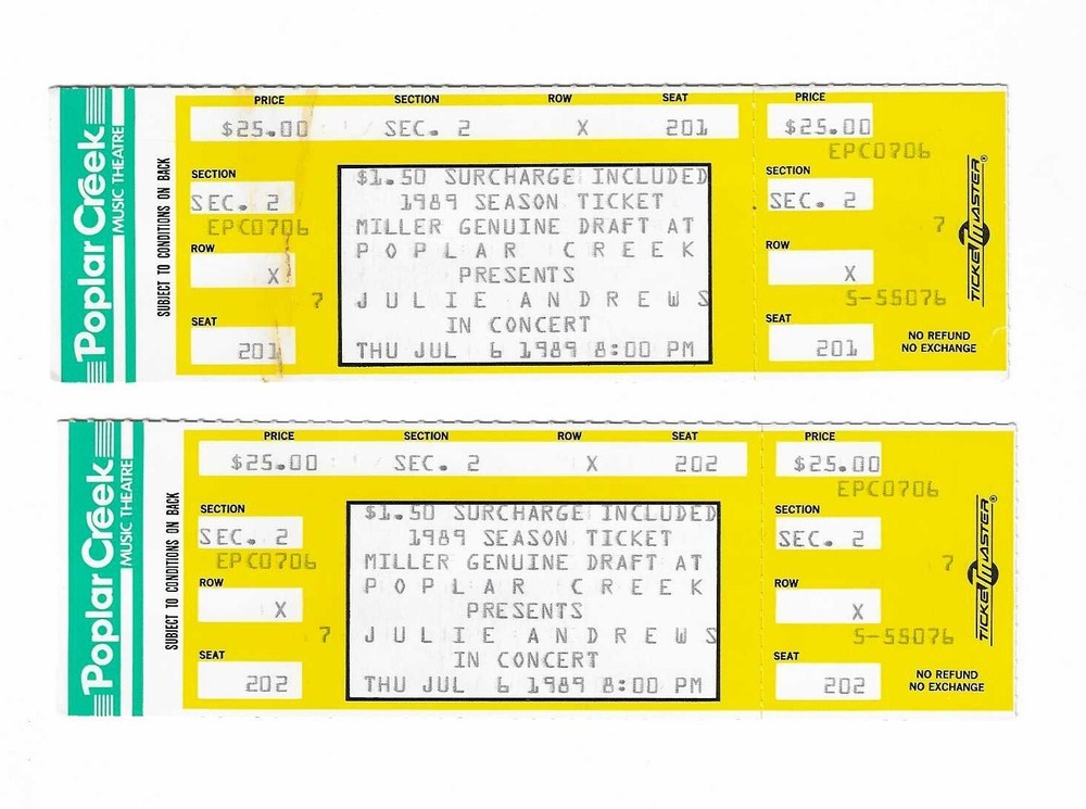 Julie Andrews Unused Concert Tickets From July 6, 1989