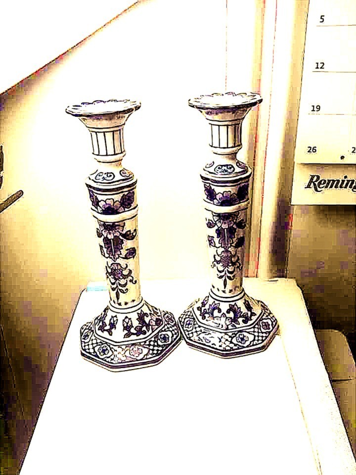 Vintage Blue and White Chinoiserie Candle Sticks