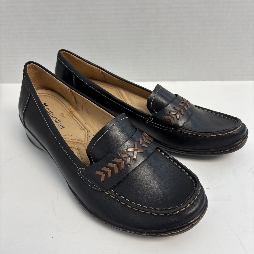 Naturalizer Vanish Women's 7.5M Black Shoes Leather Loafers Low Wedges Comfort