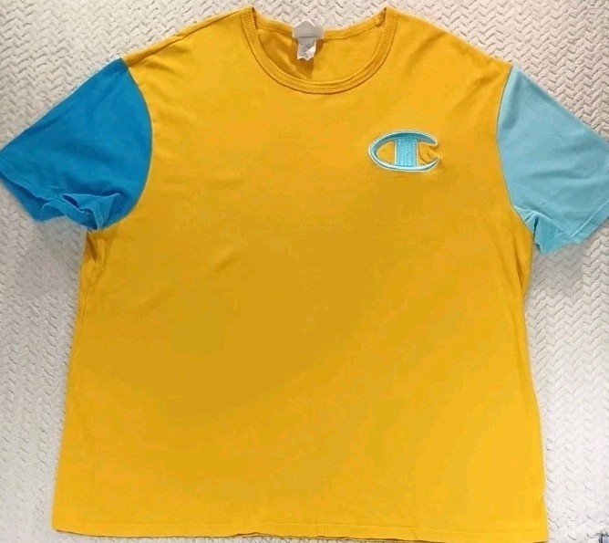 Champion - 2XL - Yellow Blue Colorblock - Vintage Retro T-Shirt Embroidered Logo
