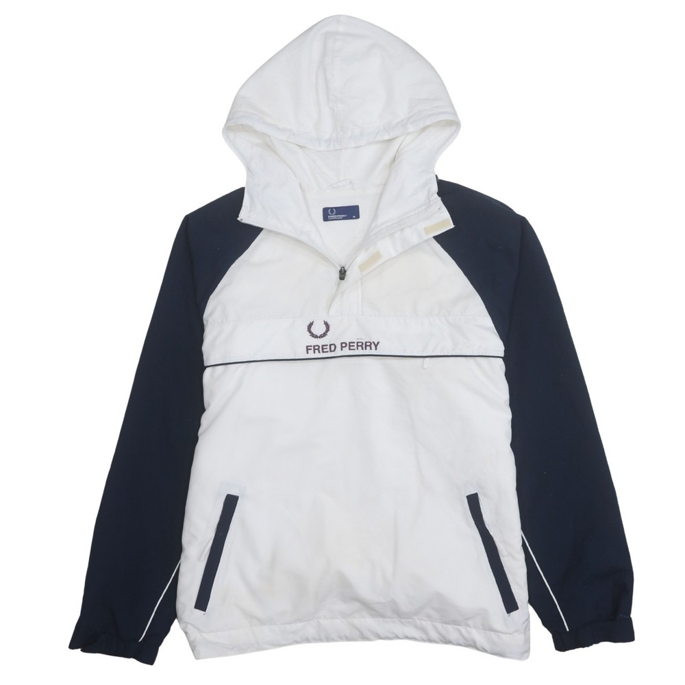 Fred Perry Mens Windbreaker White Navy Hooded 1/4 Zip Embroidered Logo Jacket M