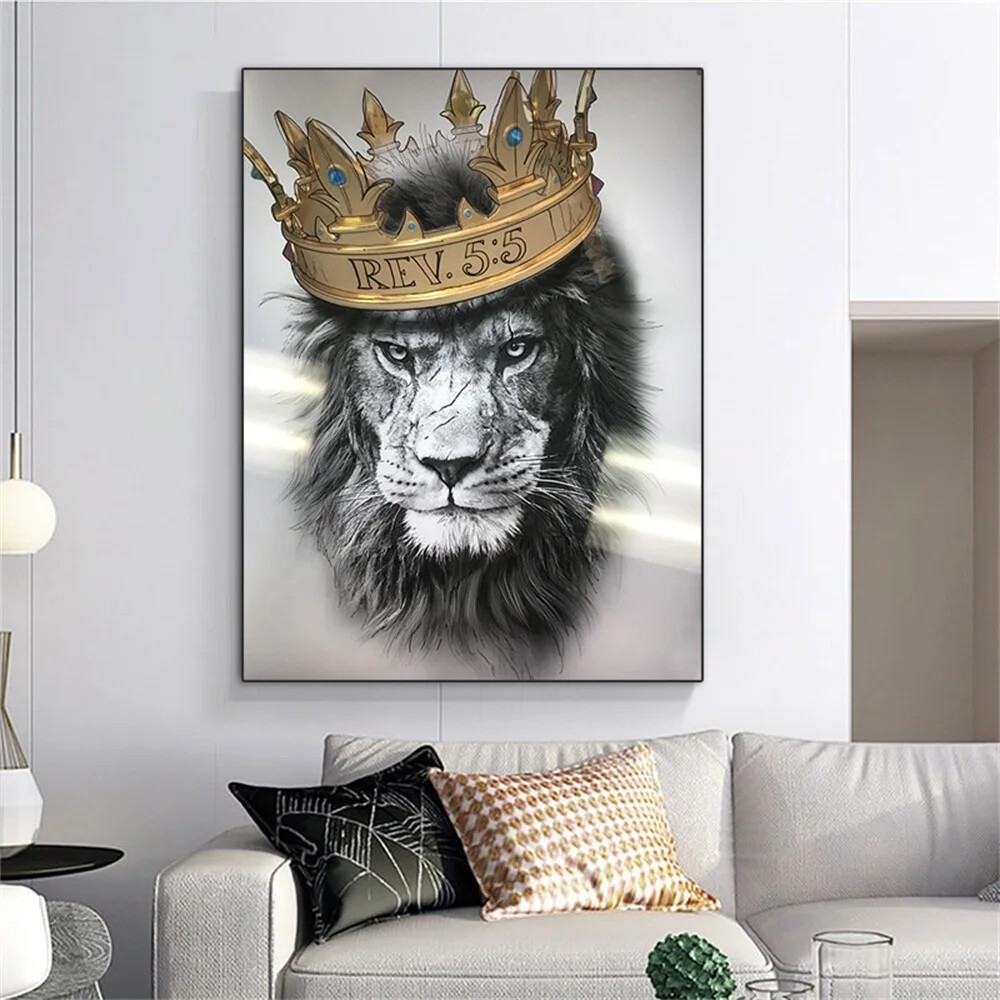 Animal Lion With Golden Crown Canvas Painting Abstract Posters Prints Wall Art-image