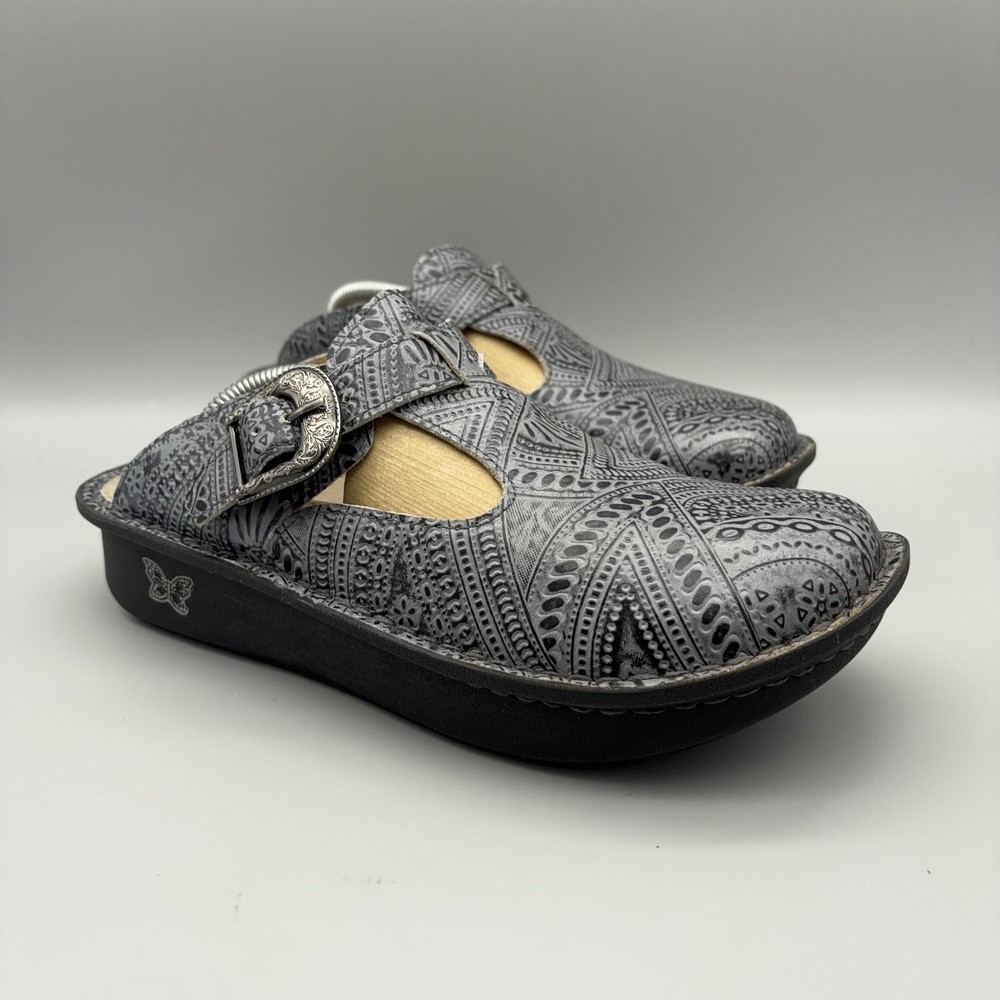 Alegria Clogs Womens Size 38 Wild West Ash Classic Gray Leather Geometric Comfy