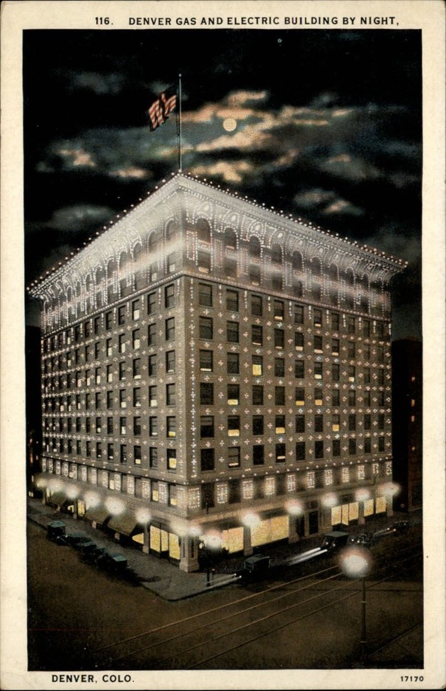 Denver Gas & Electric Building at night full moon ~ 1920s Colorado postcard