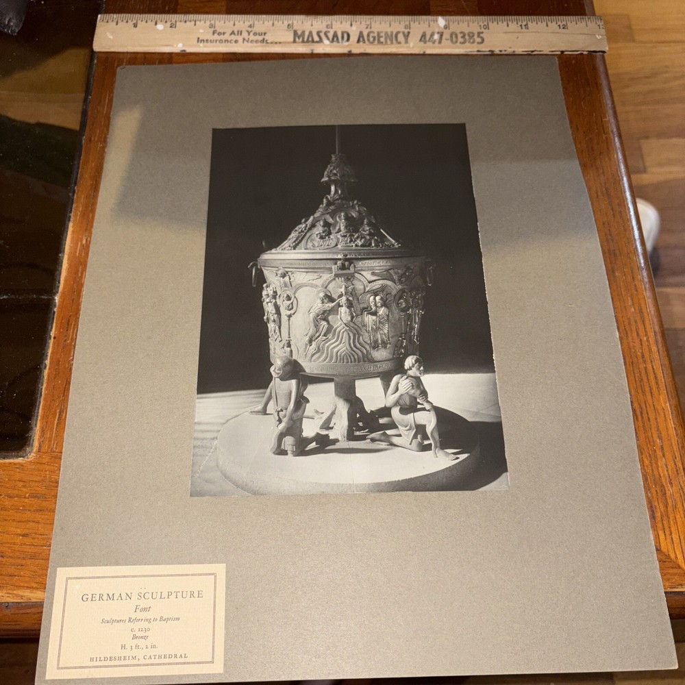 Vintage Mounted German Sculpture Photo: Font at Hildesheim Cathedral Church